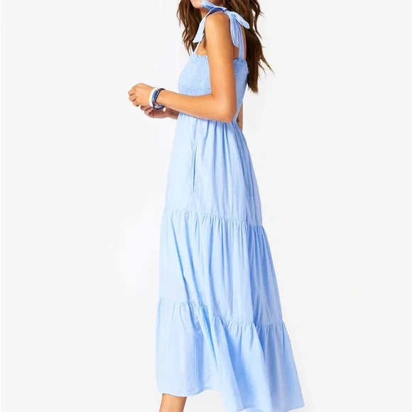 Xirena Loraine Smocked Tiered Cotton Midi Dress Blue Cottage Prairie Summer - Picture 2 of 8